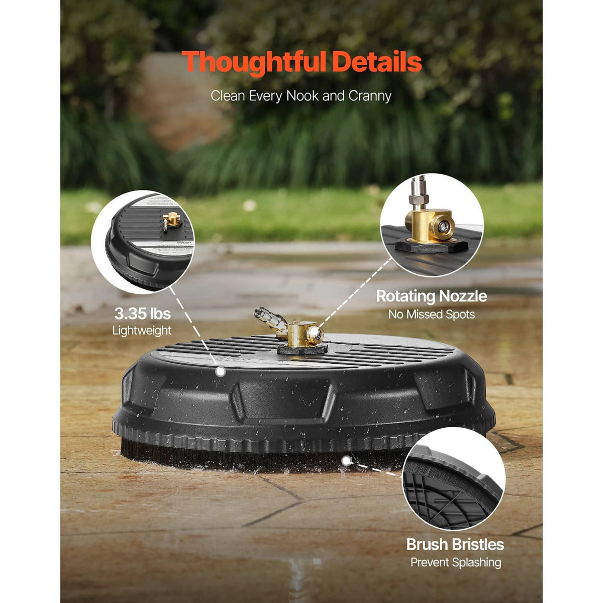 Black surface cleaner disc with rotating nozzle and brush bristles to limit splashing
