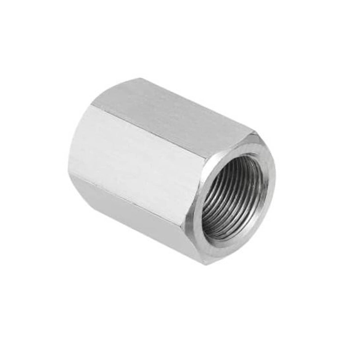 Stainless steel hex coupling nut, close-up with internal threads