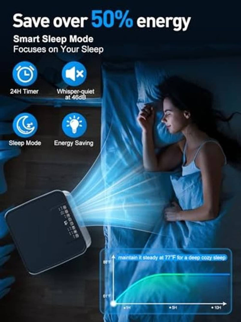 Black remote control for a portable air conditioner with energy-saving icons