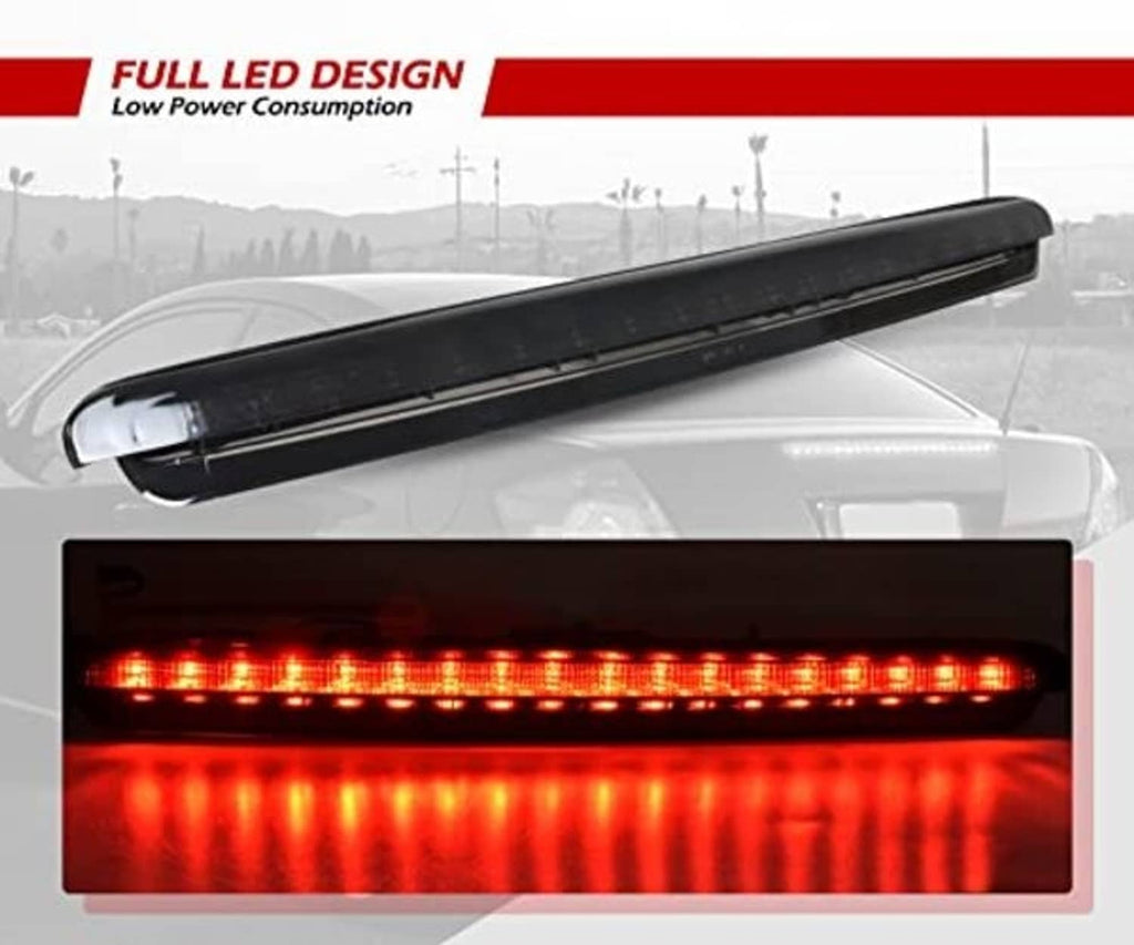 Smoked-lens LED third brake light with fully lit red LED row strip detail