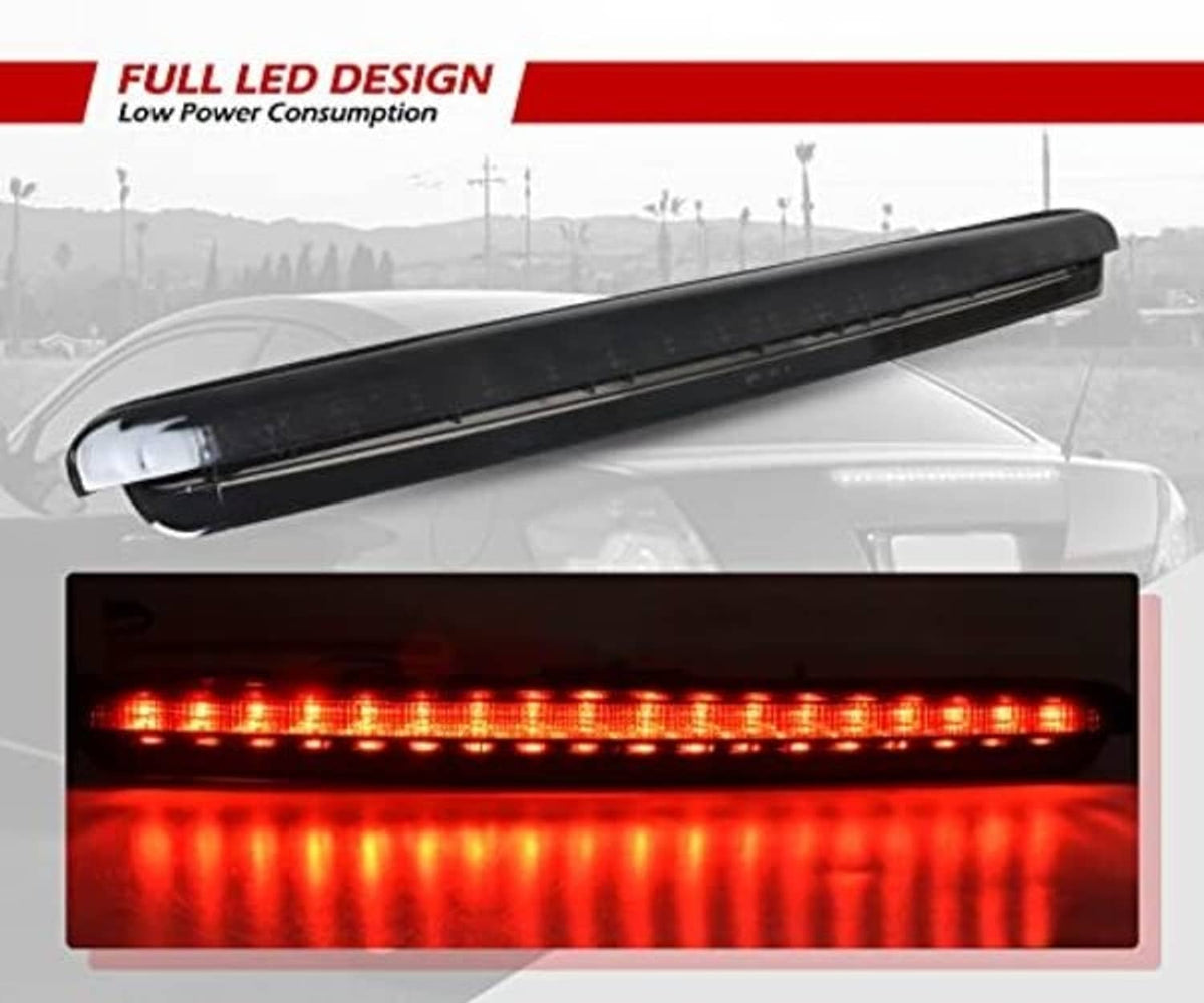 Smoked-lens LED third brake light with fully lit red LED row strip detail