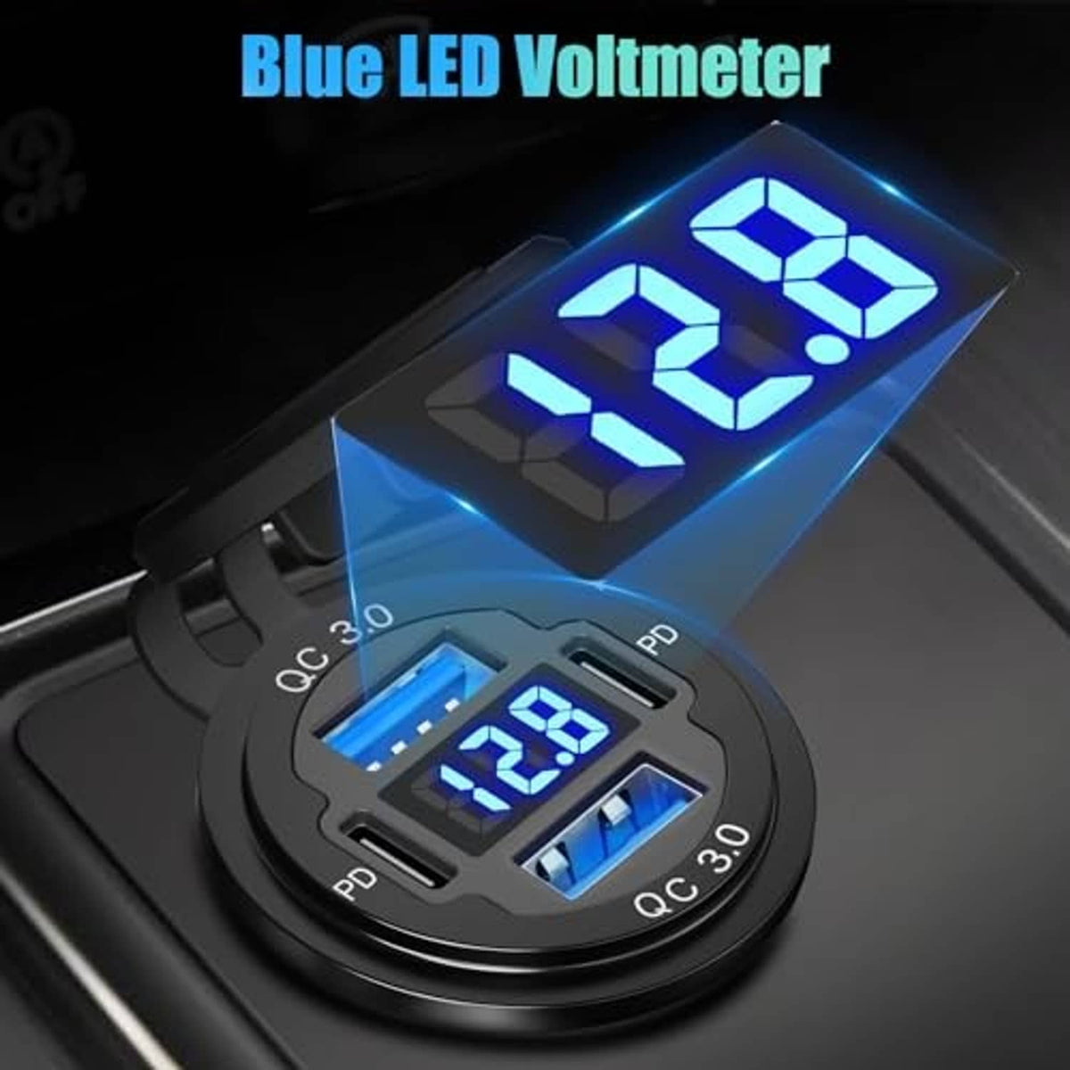 Car USB charger with blue LED voltmeter, two USB ports, and compact round housing