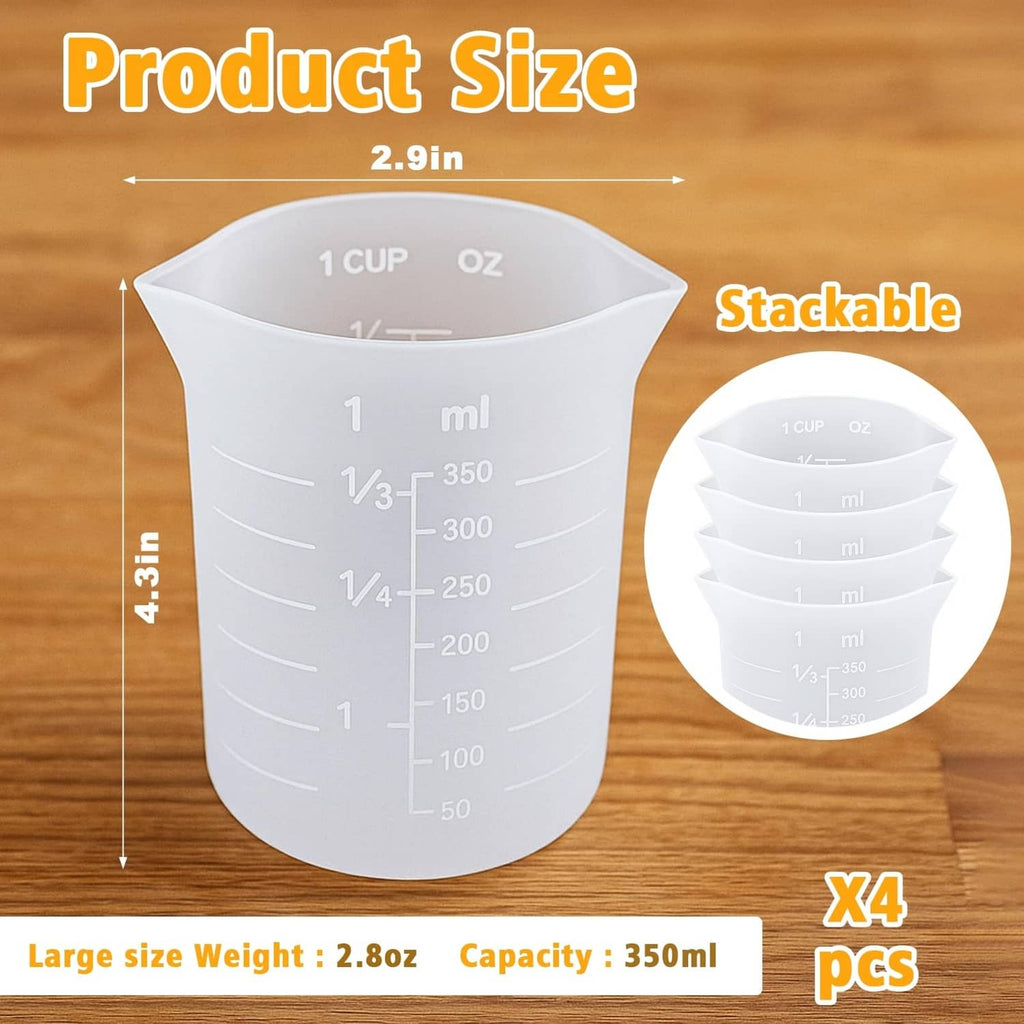Large white silicone measuring cup, stackable, with printed cup and ml scale