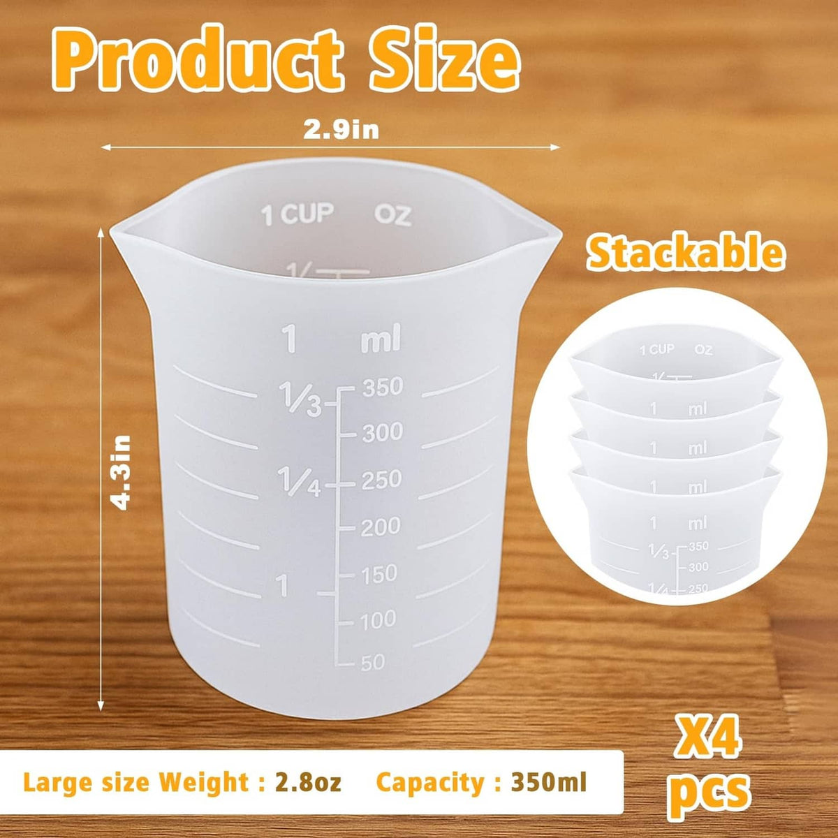 Large white silicone measuring cup, stackable, with printed cup and ml scale