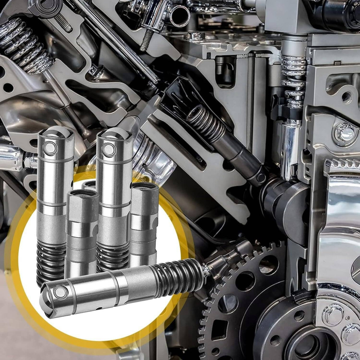 Engine-bay view of hydraulic valve lifters with black coil springs and steel bodies