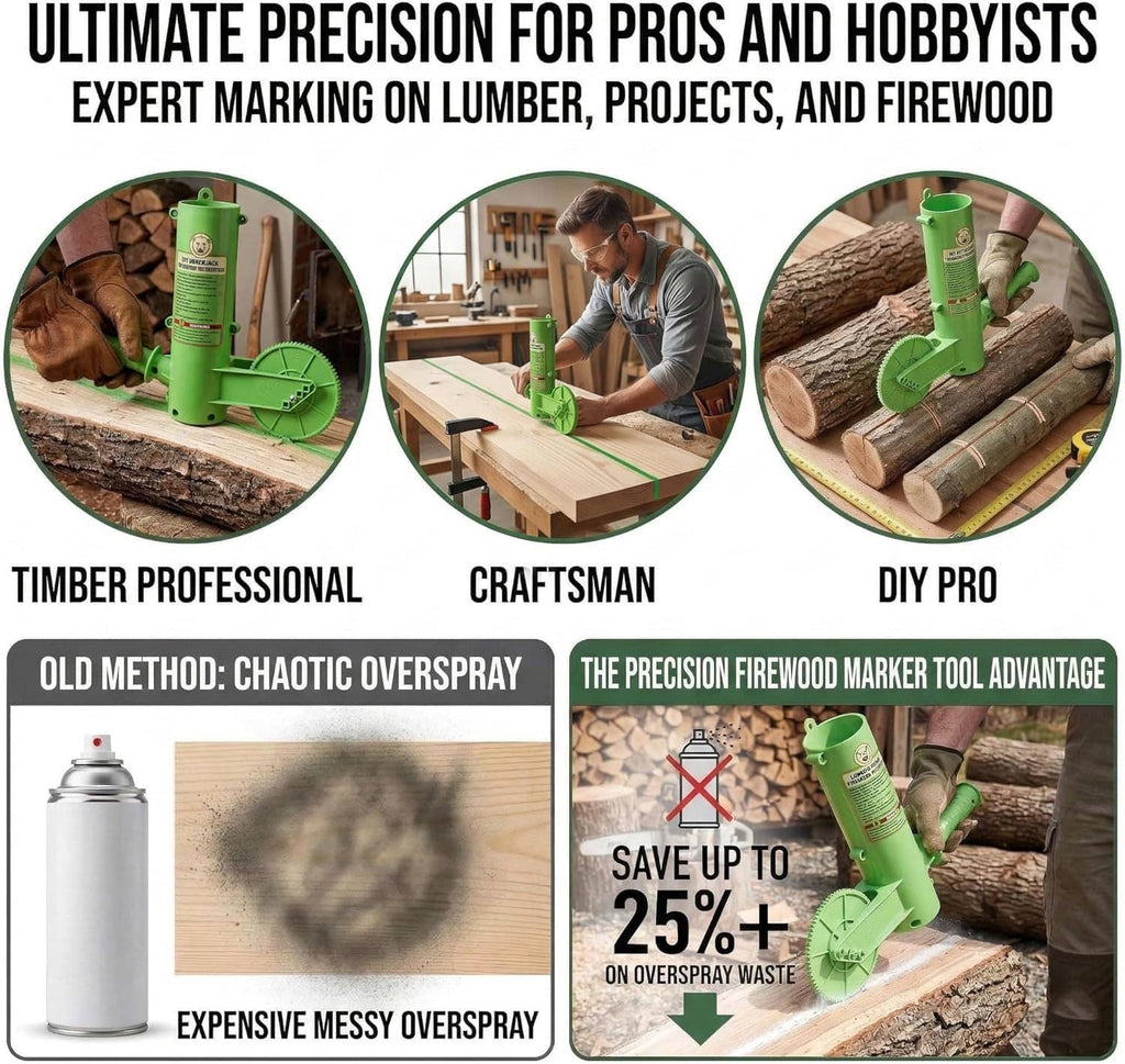 Green firewood marker tool shown marking wood projects with its roller wheel