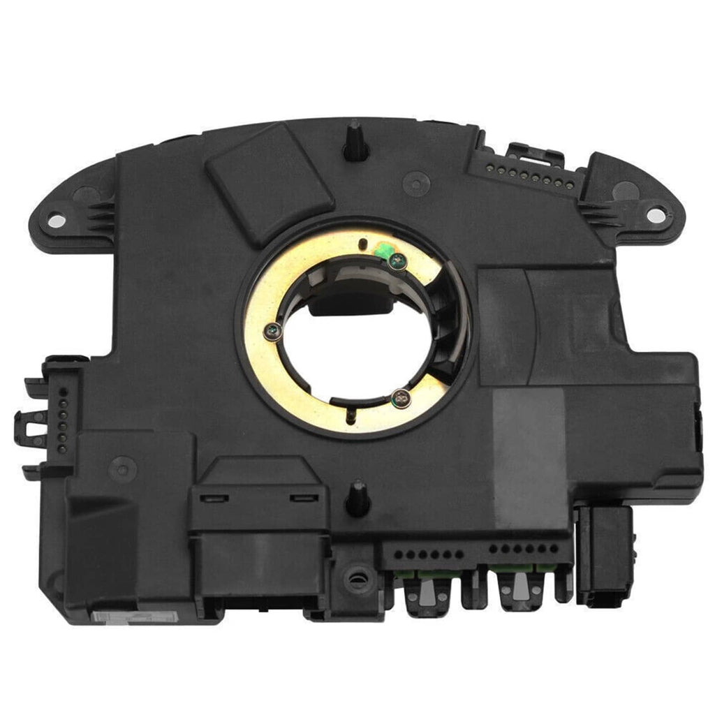 Black steering wheel clock spring contact module with yellow ring and multi-pin connector