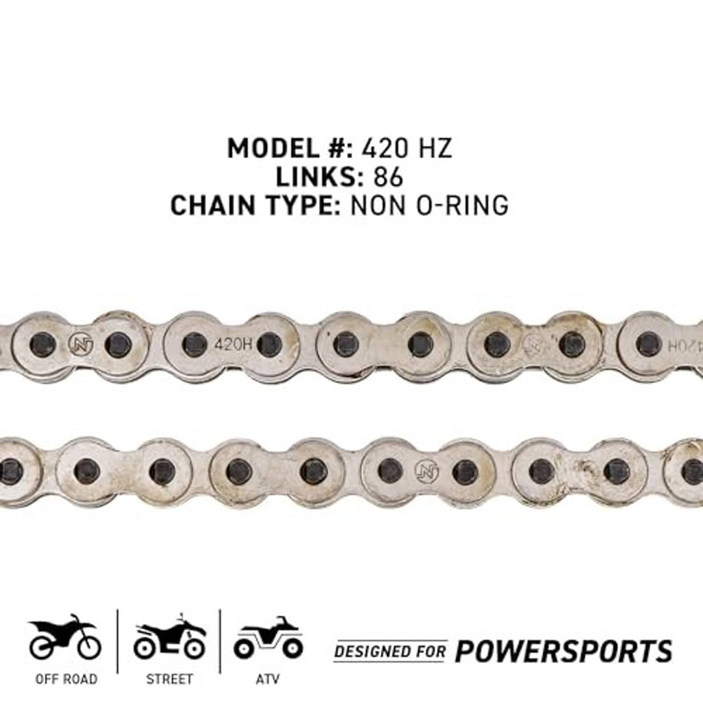 Metal roller chain section with sprocket link pins and engraved model markings