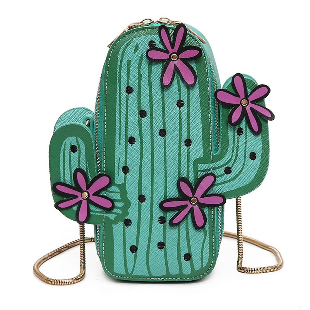 Cactus-shaped mini crossbody bag in teal with purple flower appliques and zip closure