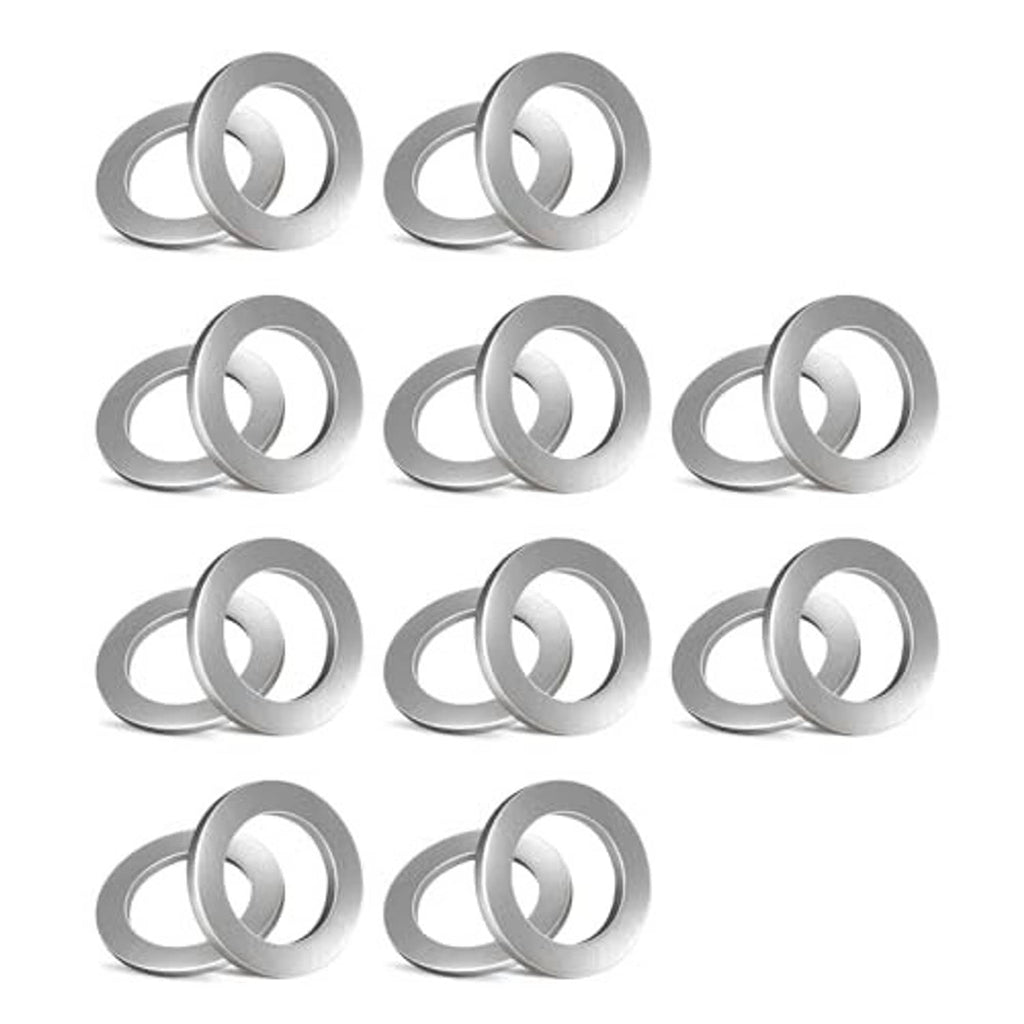 Pack of round silver aluminum crush washer gaskets, shown as multiple stacked pieces