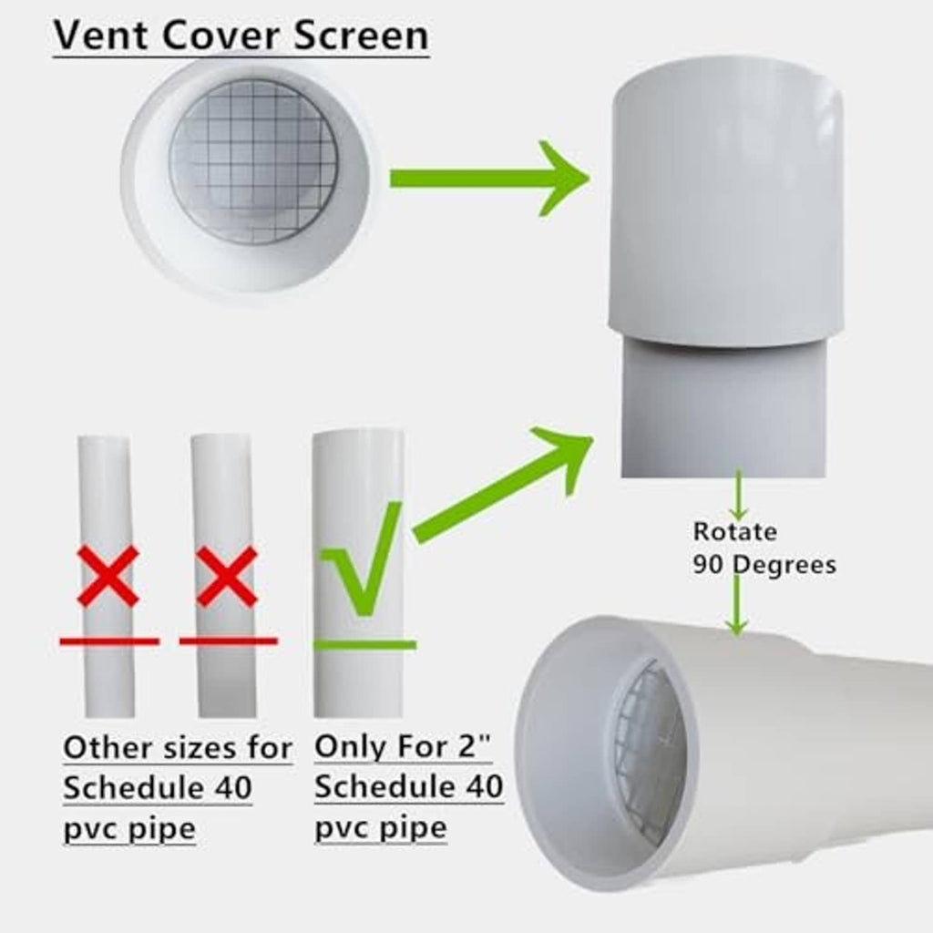 White vent cover screen cap on 2-inch PVC pipe section with mesh grid