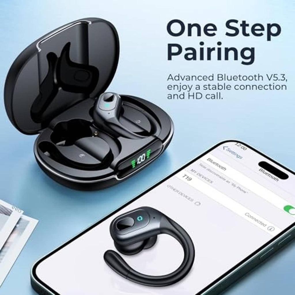 Matte black wireless earbuds in open charging case with touch control faceplate