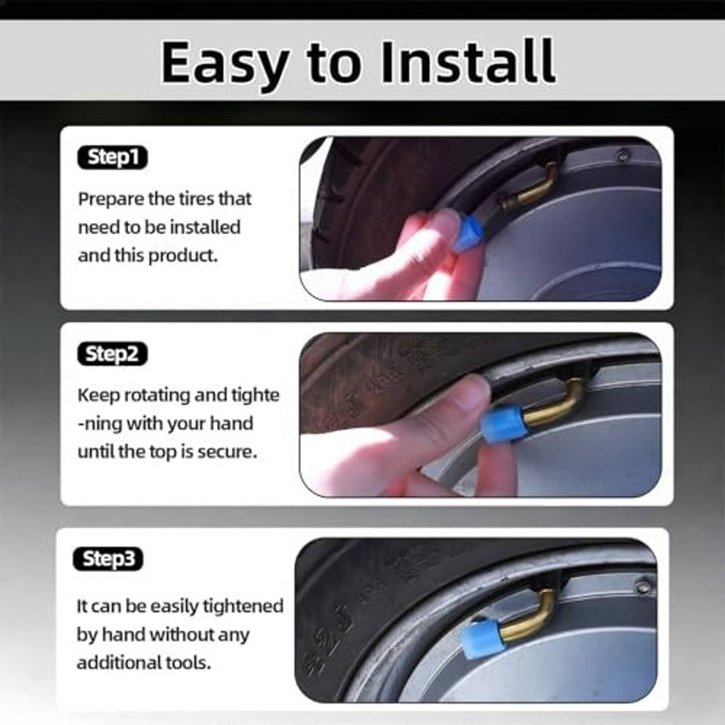 Blue tire valve cap being installed and tightened onto a wheel valve stem
