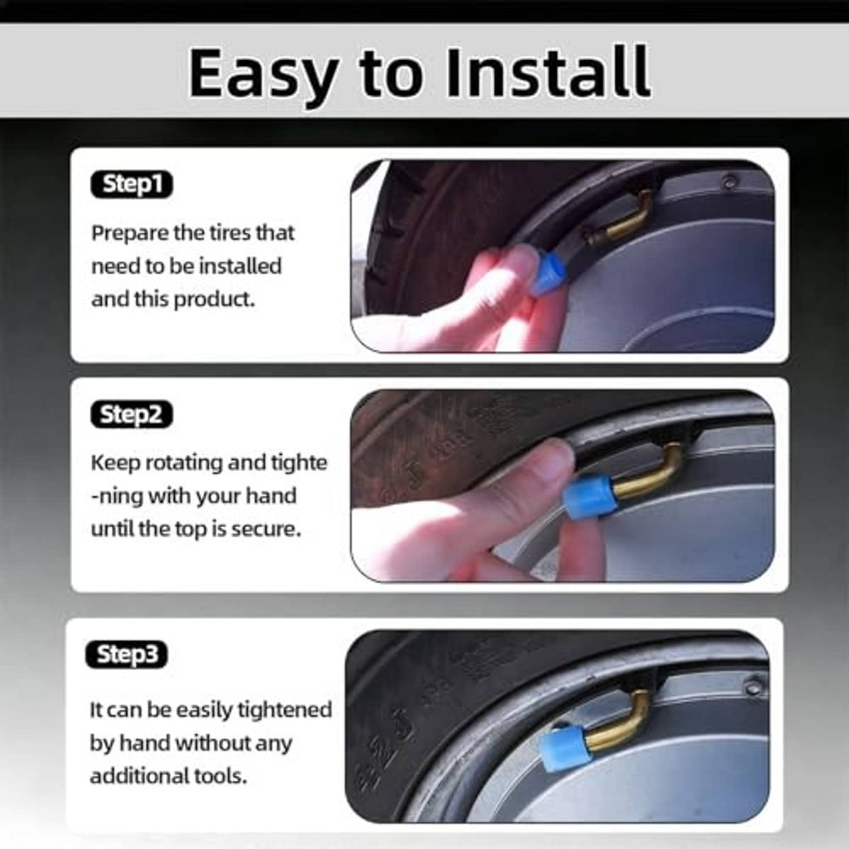 Blue tire valve cap being installed and tightened onto a wheel valve stem