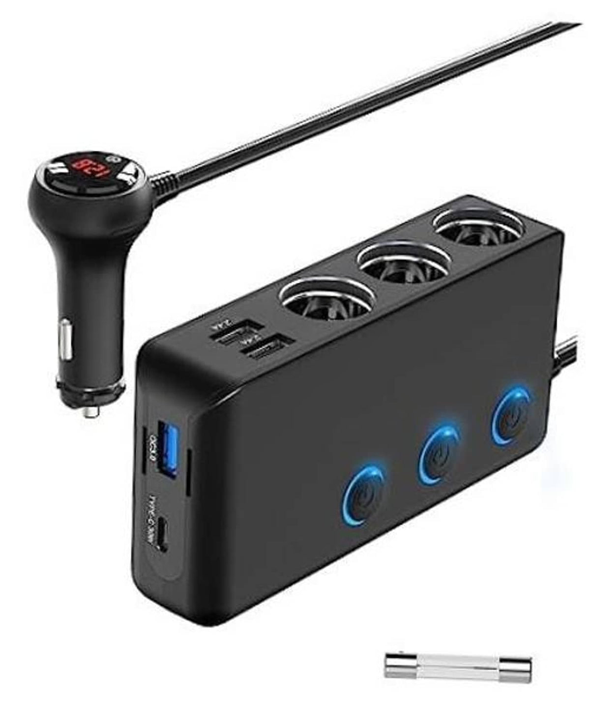Car charger splitter with 3 cigarette lighter sockets, USB-C PD30W, LED indicators