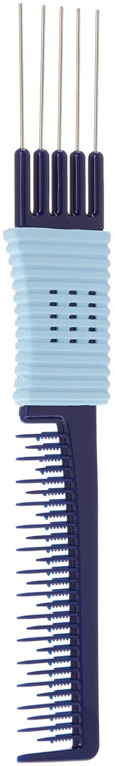 Blue hair teasing comb with stainless steel teeth and ridged light-blue grip