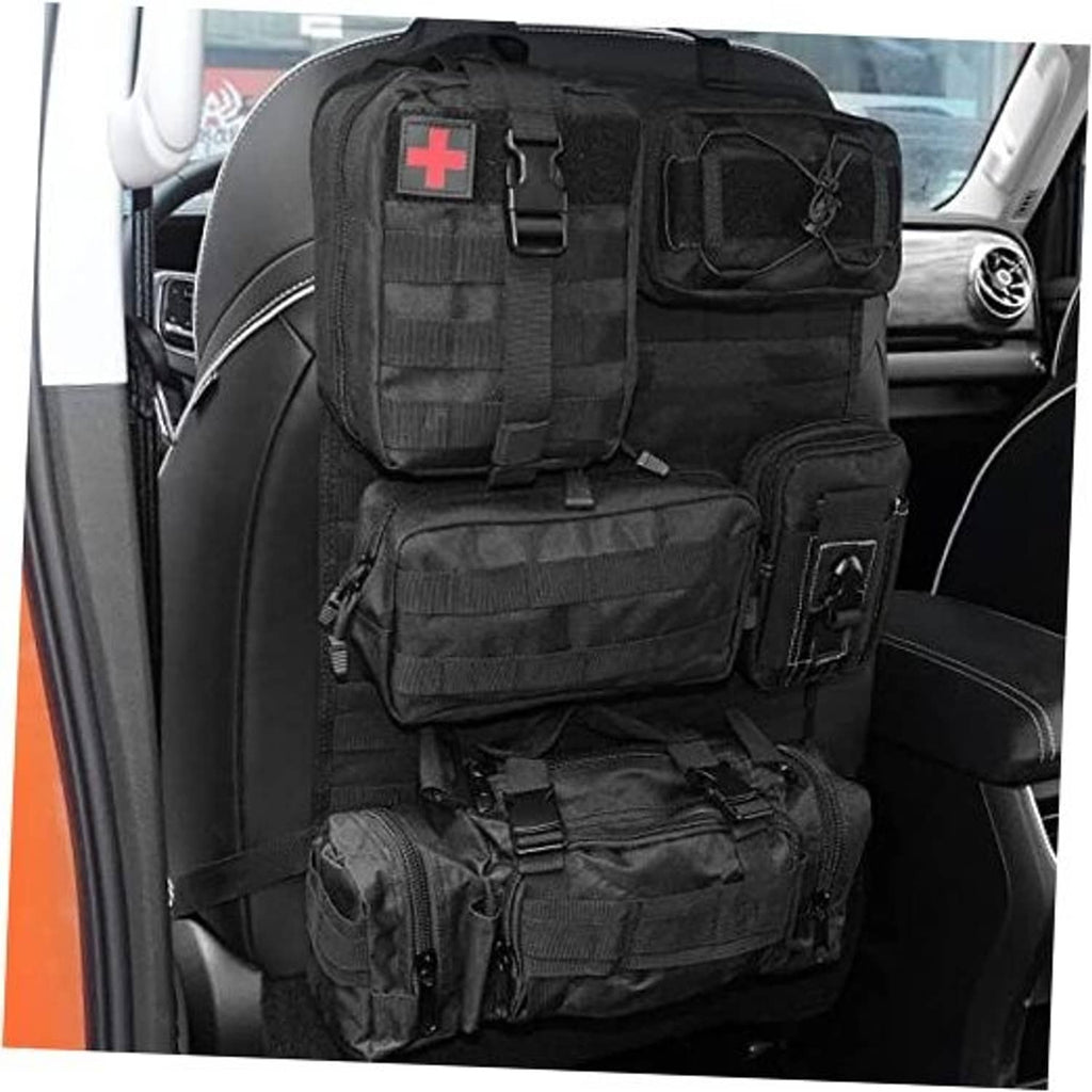 Black tactical seat back storage bag with MOLLE panels and red cross patch
