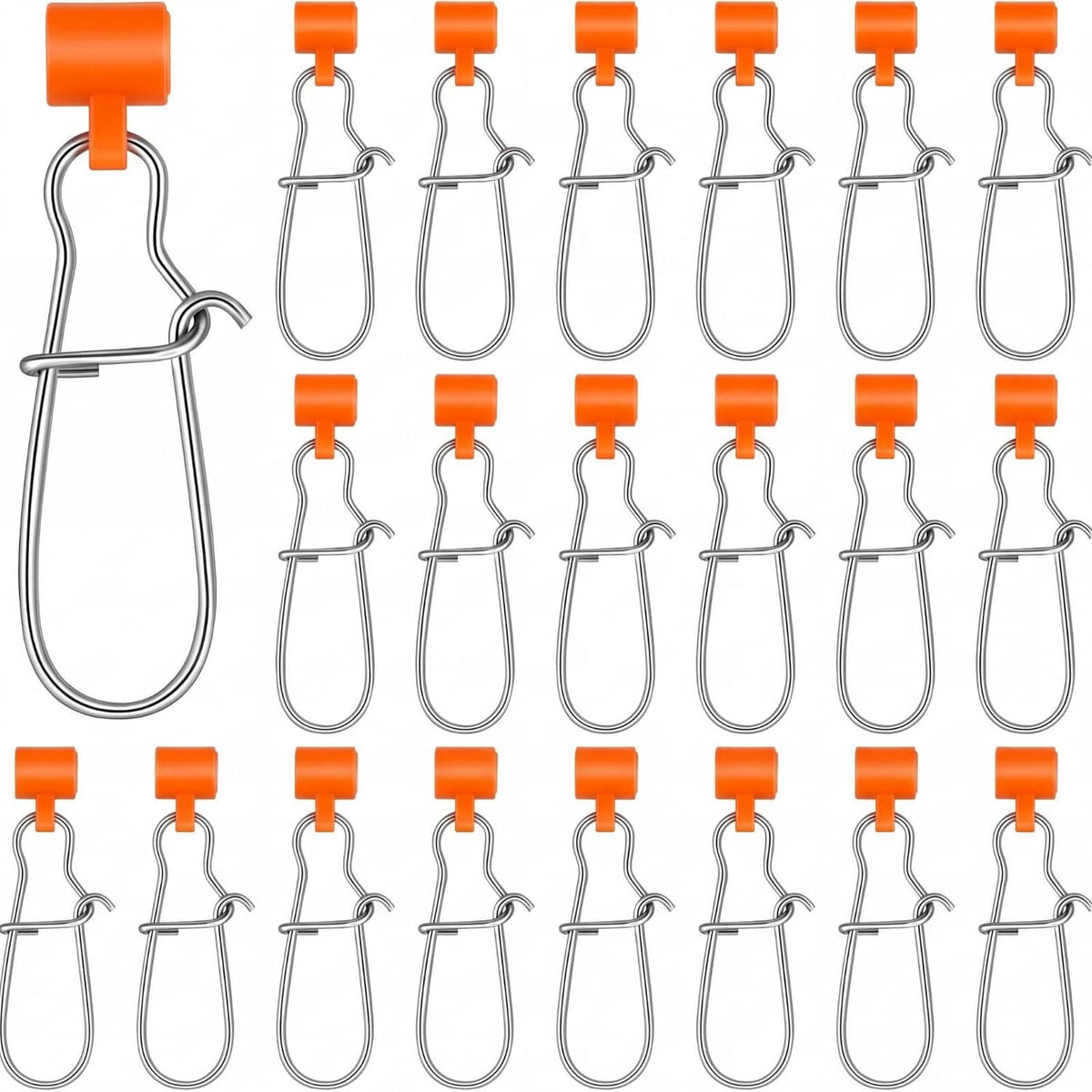 Pack of orange fishing line sinker slides with stainless hooks and snap clips