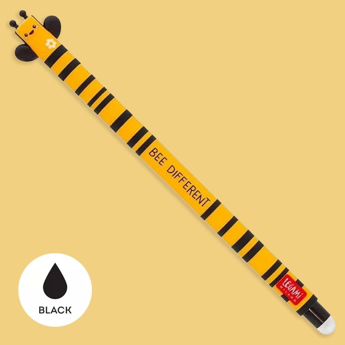 Bee-themed erasable gel pen with black striped body and black ink tip