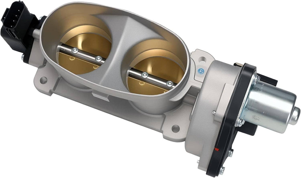 Throttle body assembly with two gold throttle bores, silver housing, and mounted actuator
