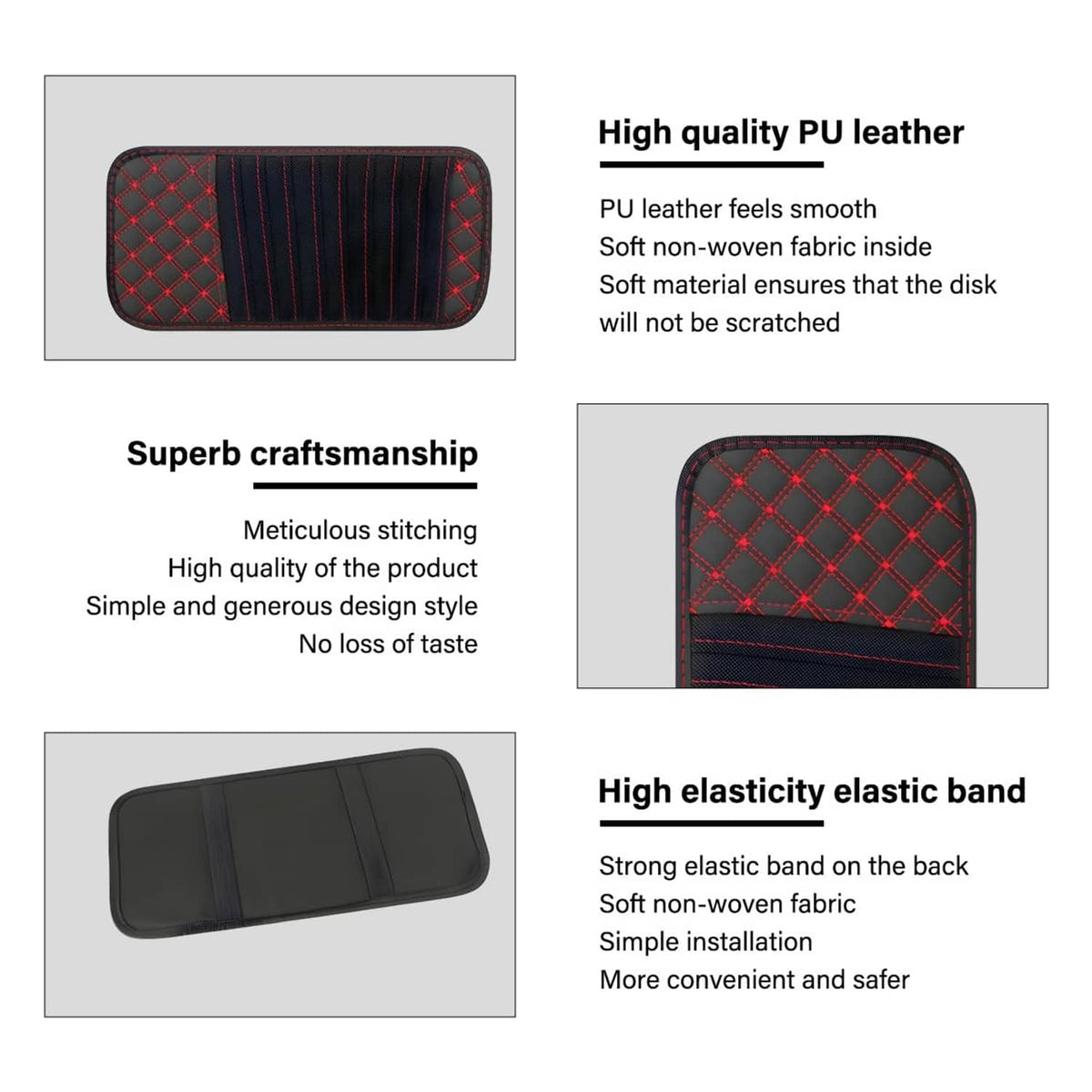 Car visor CD organizer case, black with red stitching, elastic band for secure fit