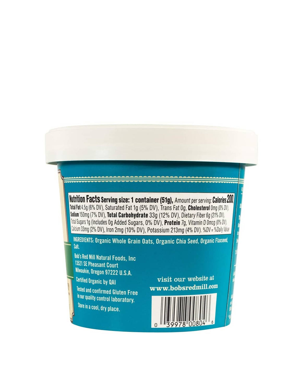 Bob's Red Mill oatmeal cup back panel with nutrition and ingredient text