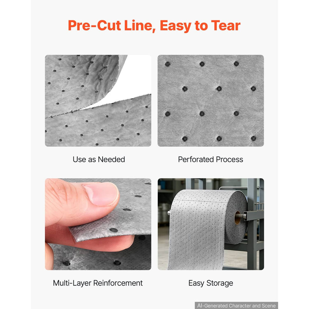Gray oil absorbent pad roll material with dotted perforations and pre-cut tear sections