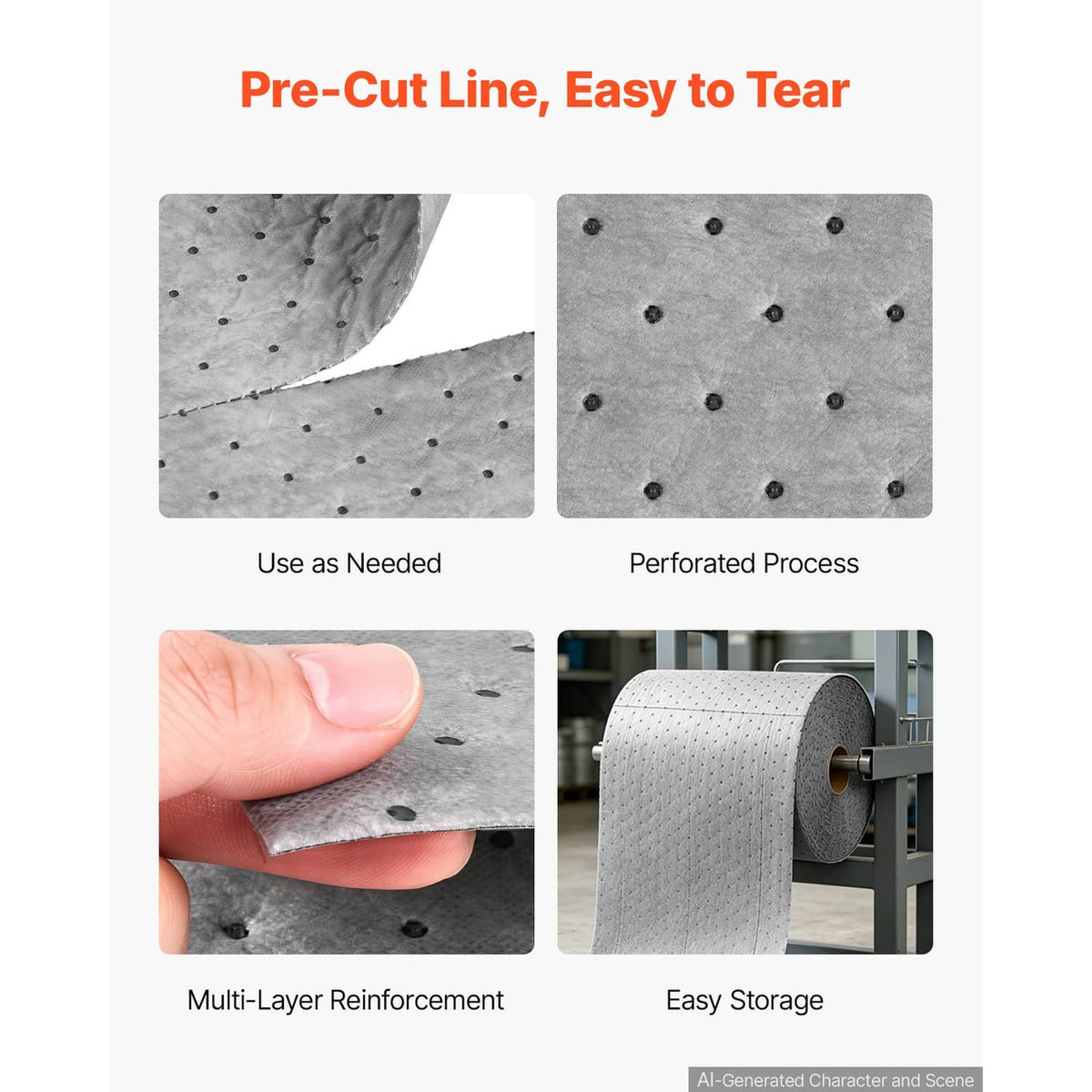 Gray oil absorbent pad roll material with dotted perforations and pre-cut tear sections