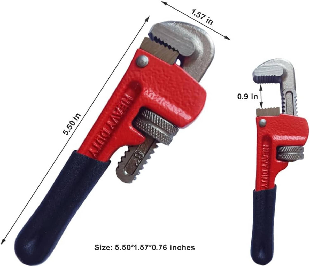 Mini pipe wrench with adjustable jaw set, red head and dark blue handle