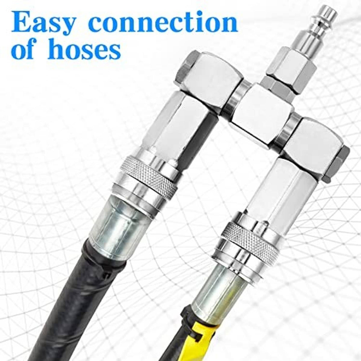 2-way air hose splitter fitting connected to two black hoses, 1/4 in NPT threads