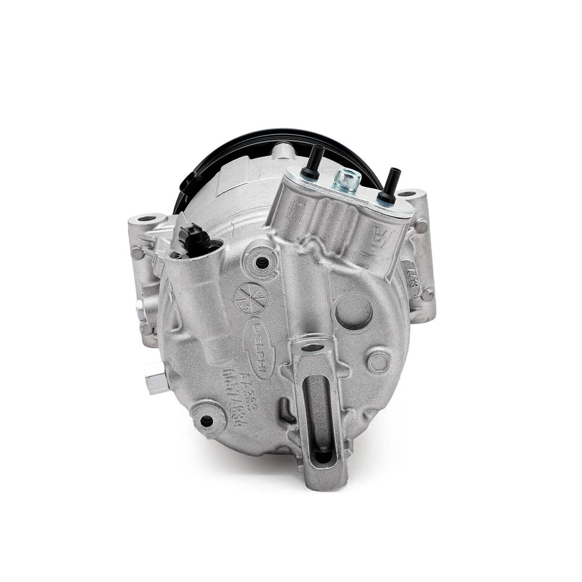 A/C compressor with clutch rear housing with hoses ports and metal mounting points