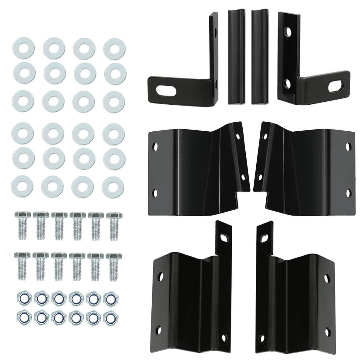 Black bracket installation kit with screws, washers, and mounting hardware set