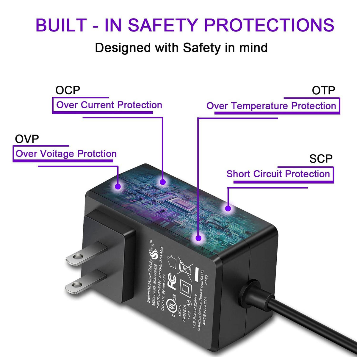 Black 5V power adapter with safety protection features and connection cable
