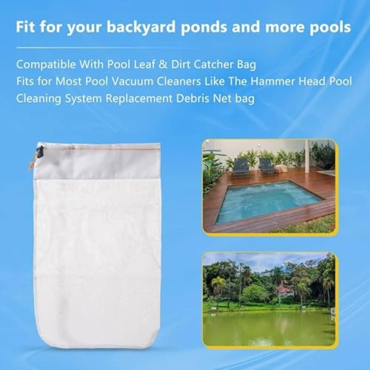 White pool vacuum debris collection bag with orange cord and open top.