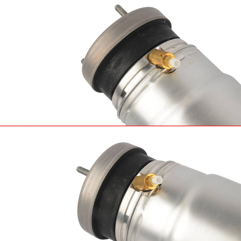 Close-up of air strut end: silver cylinder with black rubber cap and gold valve fitting