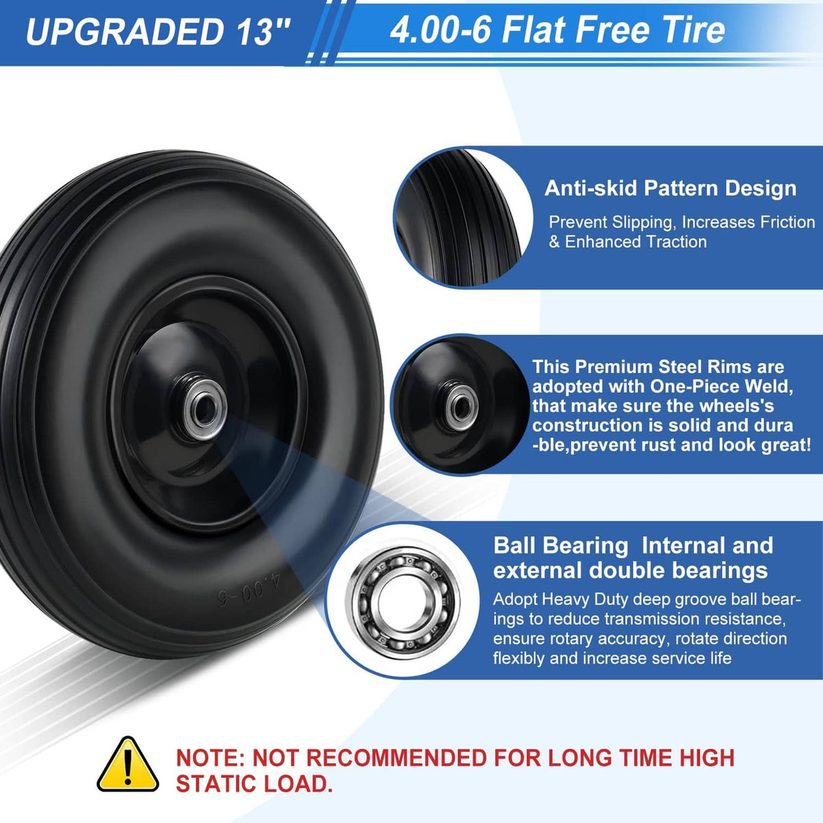Black 13-inch flat-free tire with anti-skid tread and premium steel rim