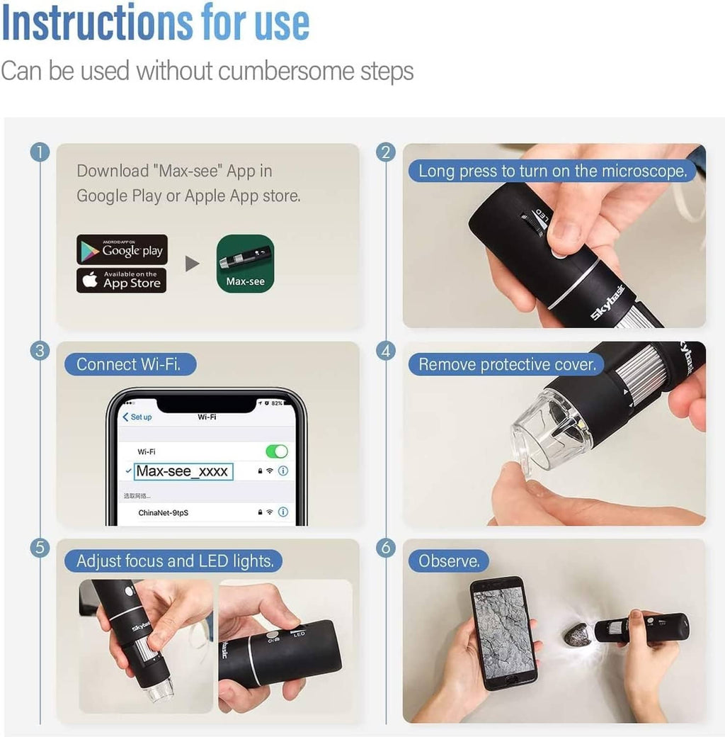 Skybasic wireless digital microscope, black handheld body with clear glass lens head