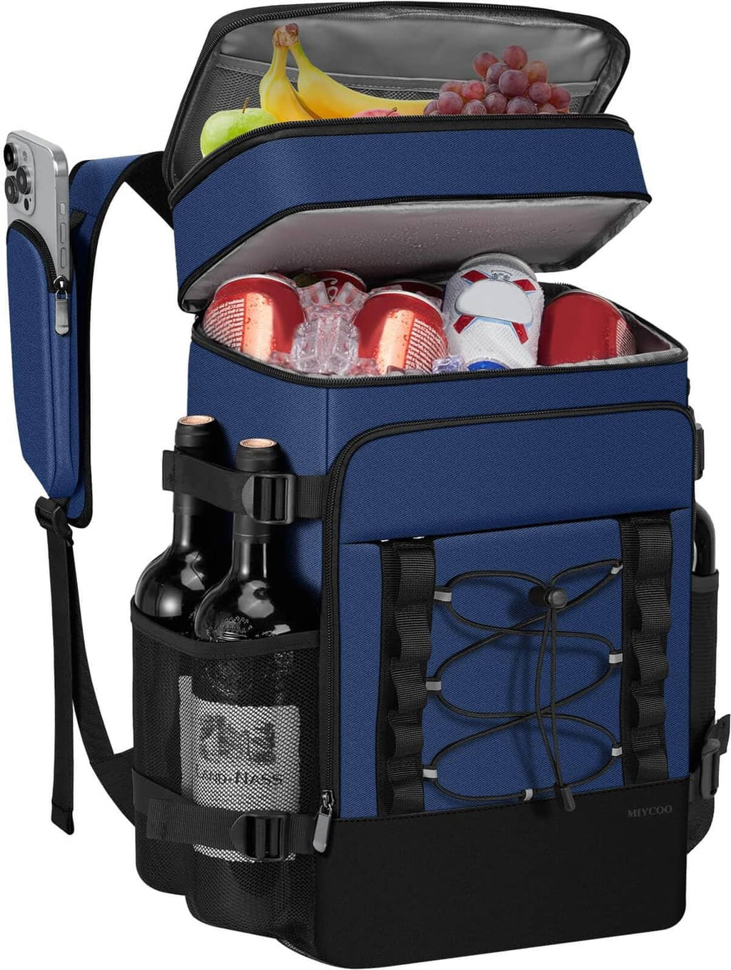 Dark blue insulated cooler backpack, open lid with drinks and snacks inside