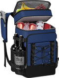 Dark blue insulated cooler backpack, open lid with drinks and snacks inside