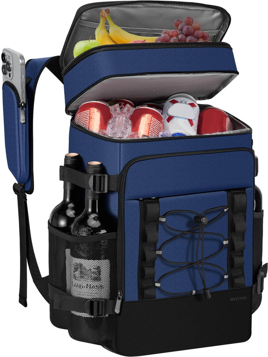 Dark blue insulated cooler backpack, open lid with drinks and snacks inside