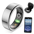 Silver smart ring with built-in display and open charging case