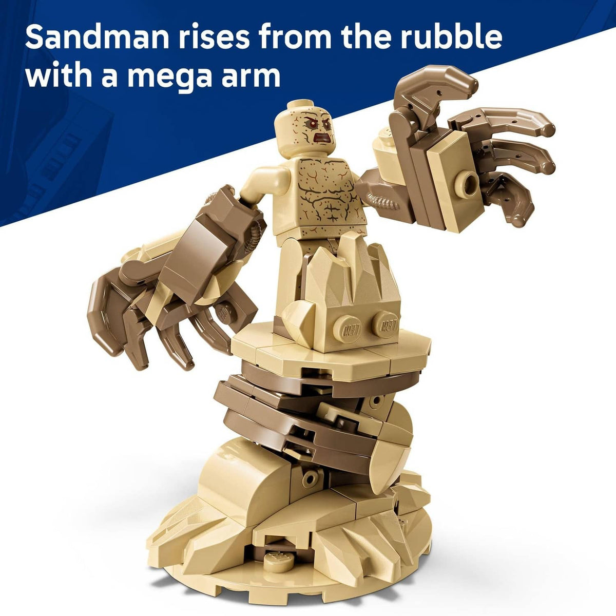 LEGO Sandman minifigure with tan armored body and chunky rubble-like details