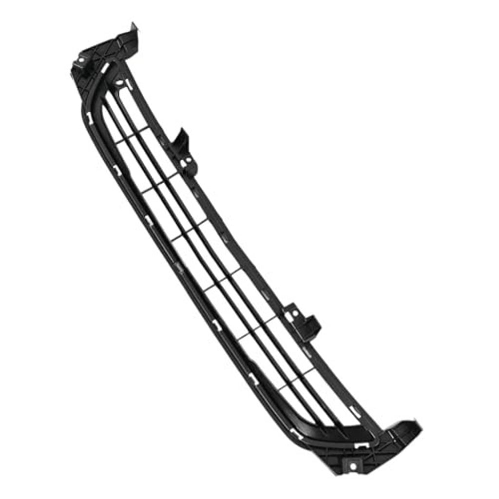 Front bumper lower grille insert with curved black frame and vertical slat pattern
