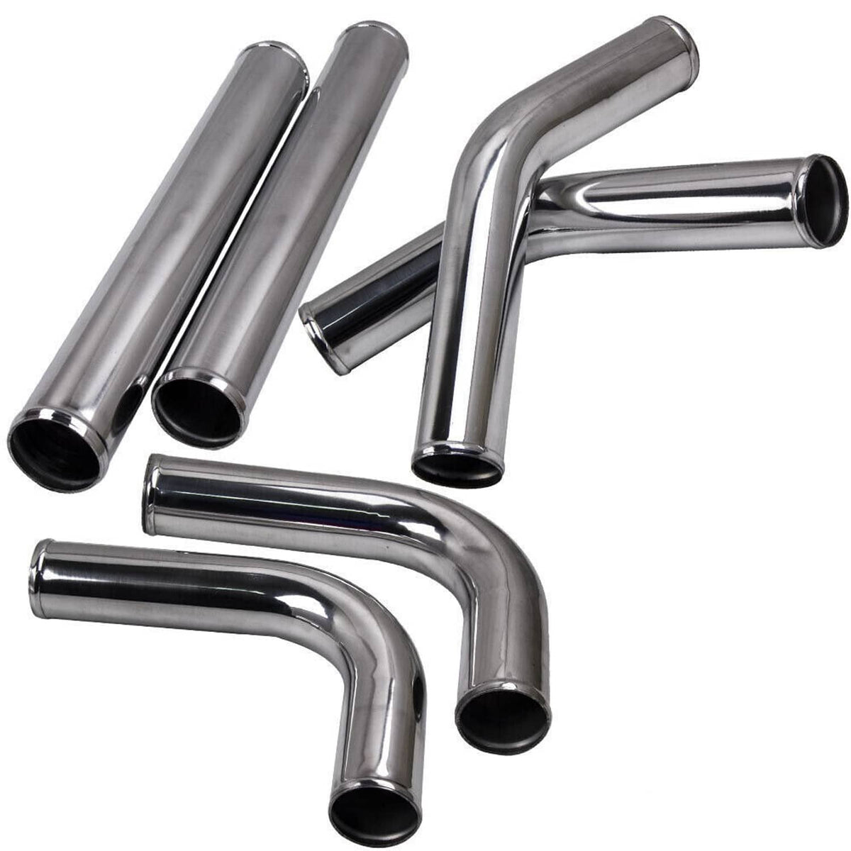 Silver aluminum intercooler elbow pipe kit with curved elbows and straight tube sections