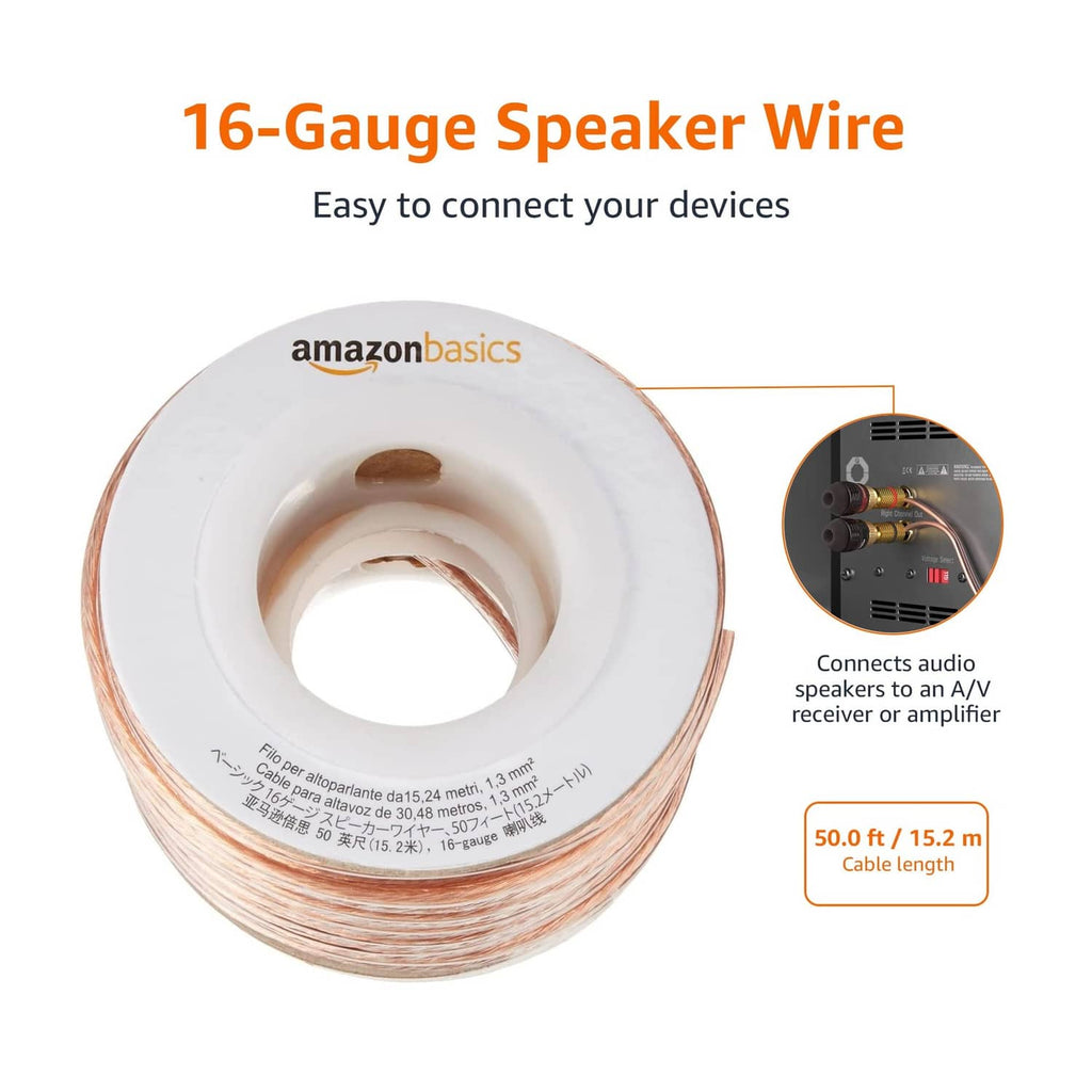 Amazon Basics 16-gauge transparent speaker wire cable spool, 50 ft length