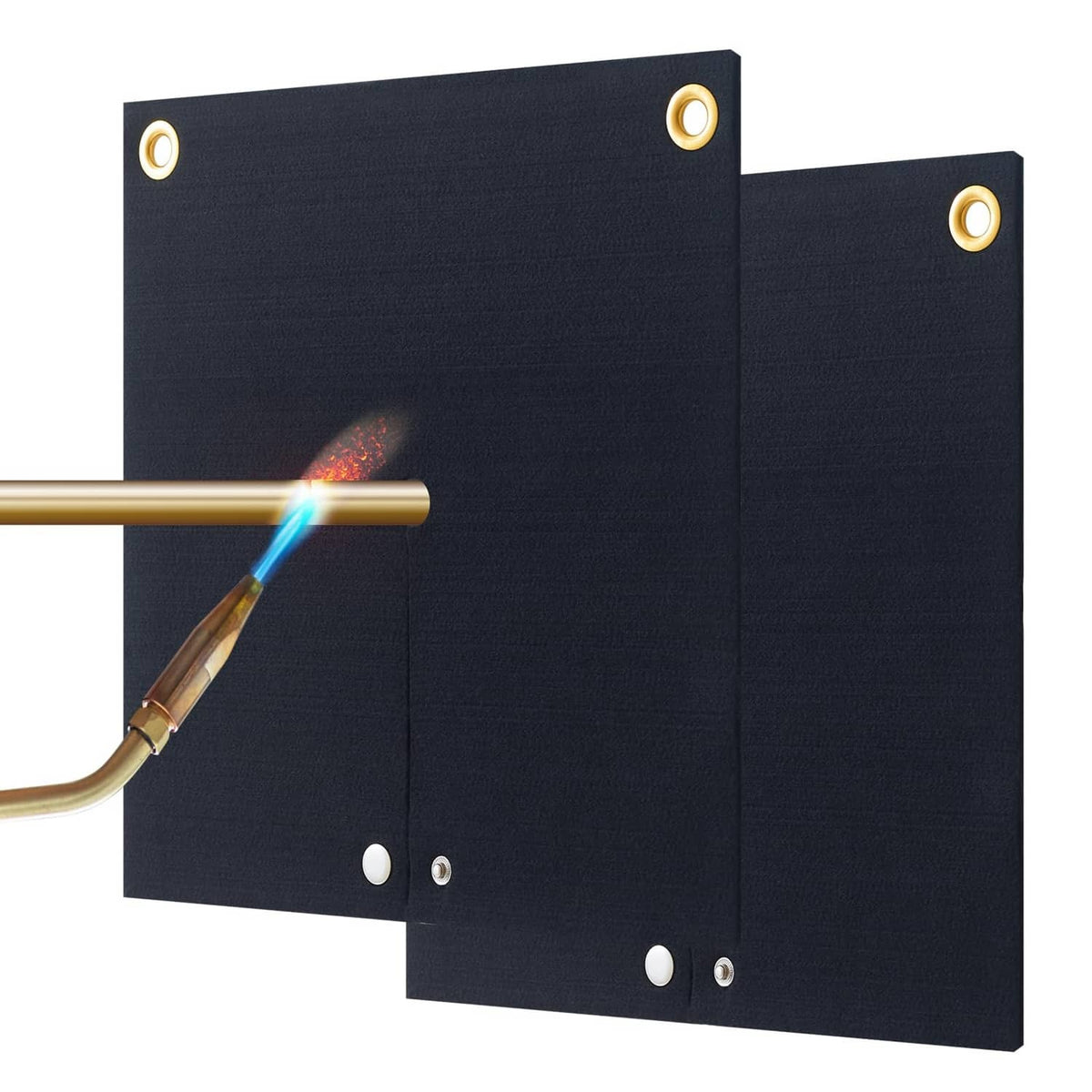 Black fireproof welding heat shield mat with brass grommets, 12x12 inch