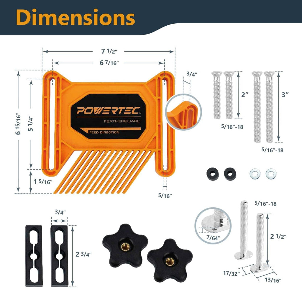 Orange featherboard with included screws, washers, and mounting hardware set