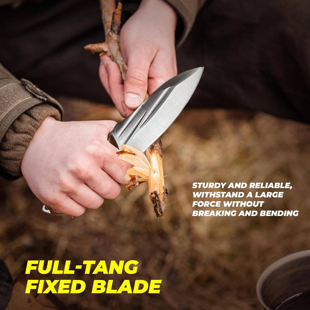 Wood-handled fixed blade knife held in hand, blade out with brown leather sheath