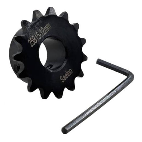 15-tooth roller chain sprocket with 12mm bore, black hardened finish, marked 25B-12mm