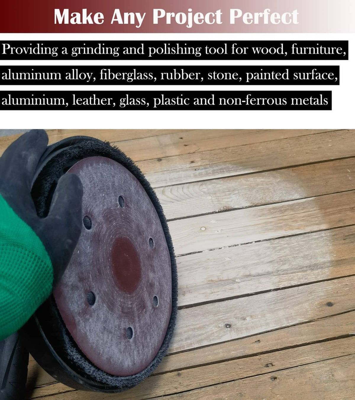 Red sanding pad disc with six holes on a hook-and-loop backing tool